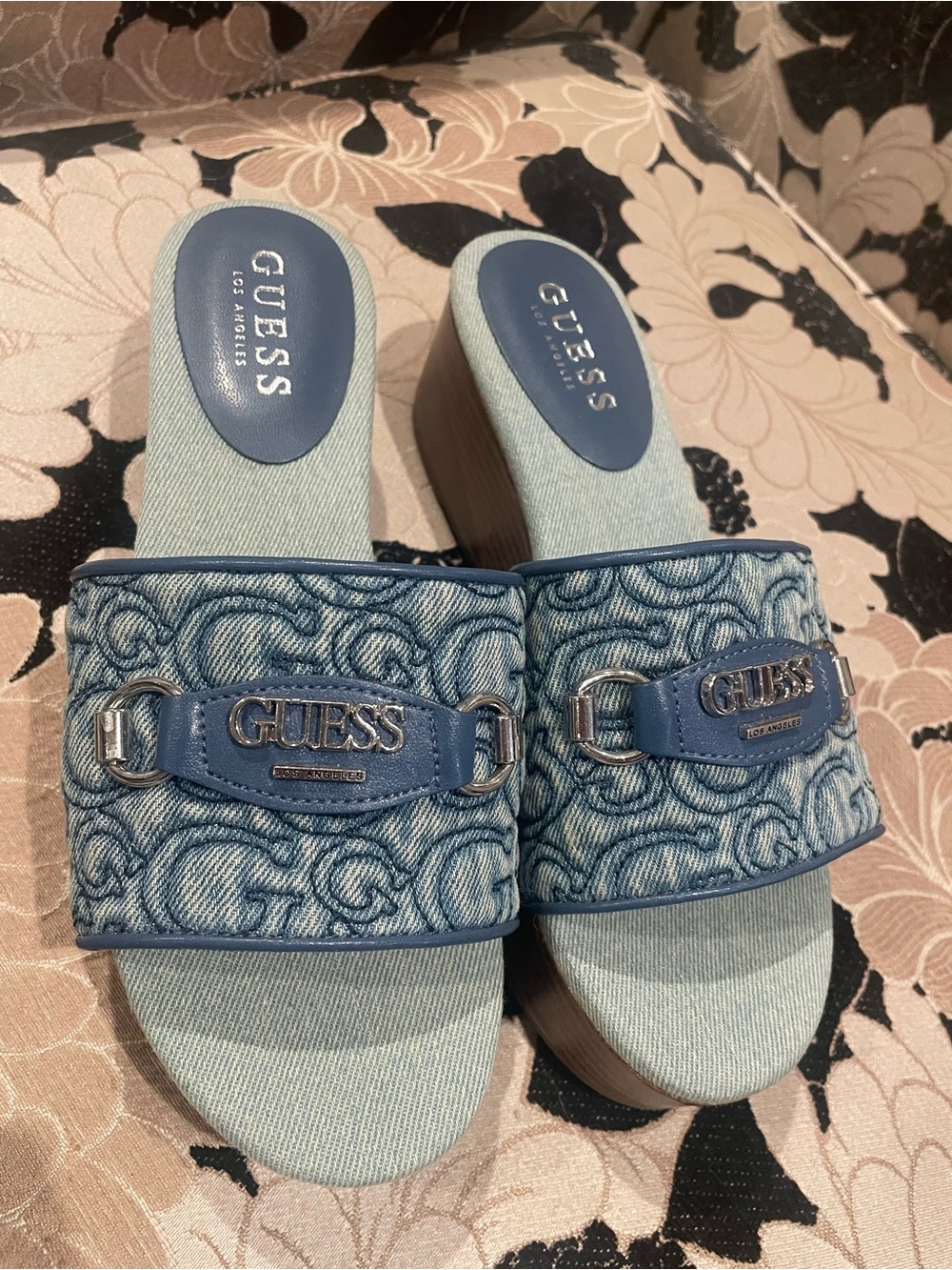 Guess Blue Denim Slide Sandals with Brown Soles